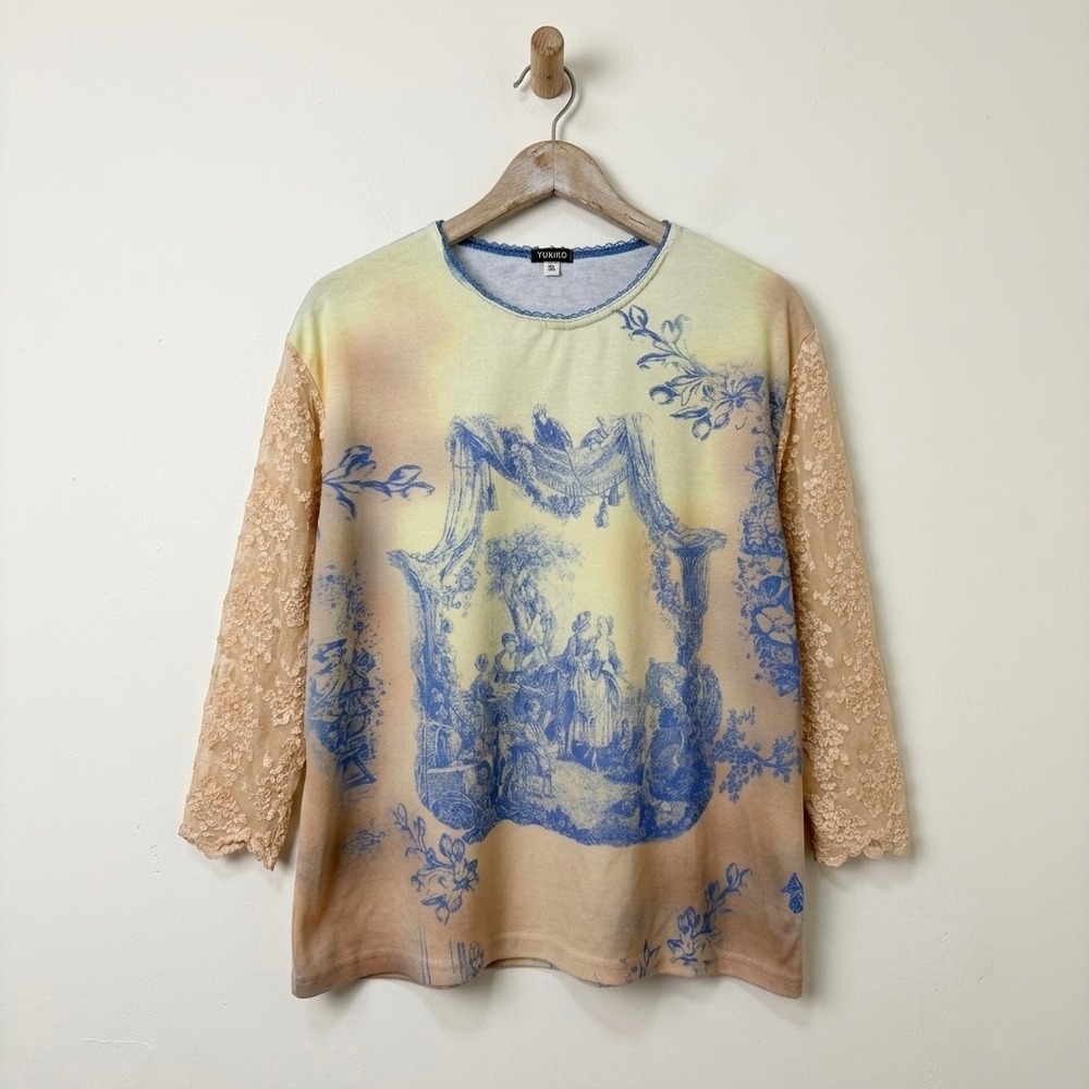 Yukiko Toile Portrait Lace Sleeve Top XL Blue Cream Victorian Coquette USA 3308
